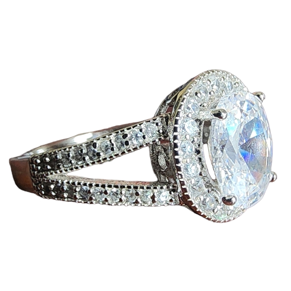 Sterling Cubic Zirconia Engagement Ring Halo Style Size 8 Millegrain